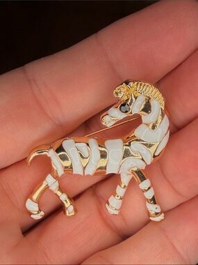Gold & White Enamel Zebra Brooch Pin - Women Jewelry